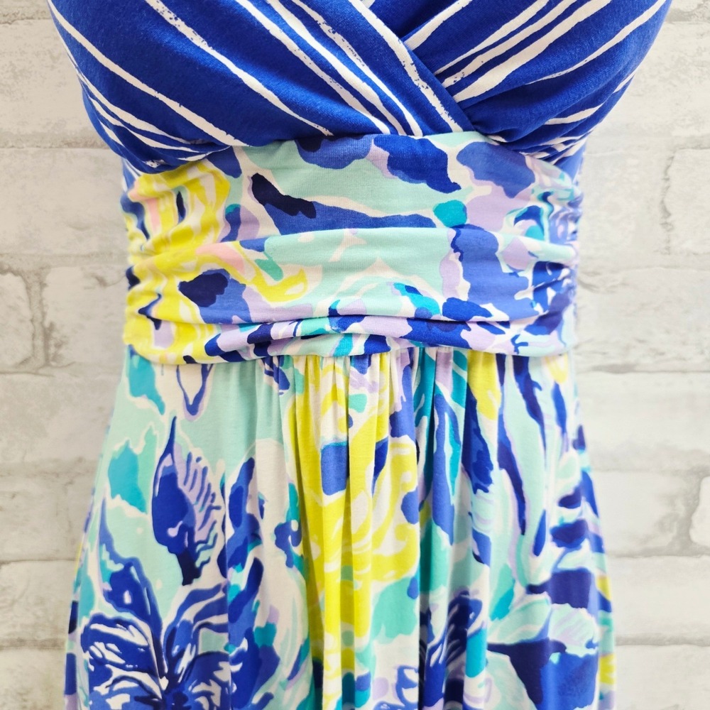 Lilly Pulitzer XS Blue White Striped Floral Tropical V-Neck Cross Back Dress - Picture 4 of 11